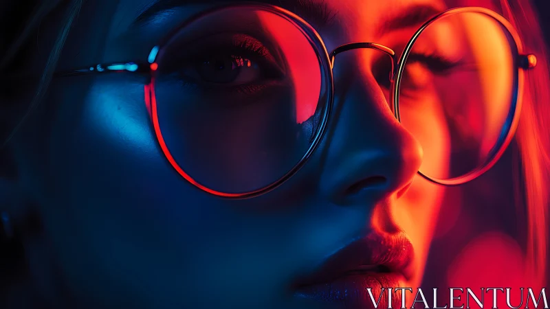 Neon portrait isolates reflective glasses in bold duotone light