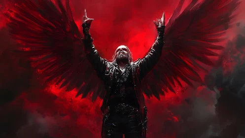 Dark angel rock figure rises against burning red sky