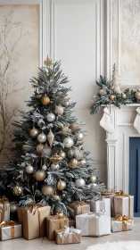 Golden Christmas tree glows softly in elegant snowy living room