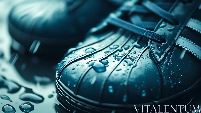 Close-up wet sneakers with raindrops on glossy surface.
