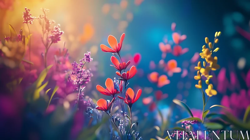 Vibrant wildflowers bloom against soft bokeh gradient backdrop.