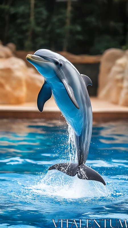 Bottlenose dolphin leaping high above bright blue pool.