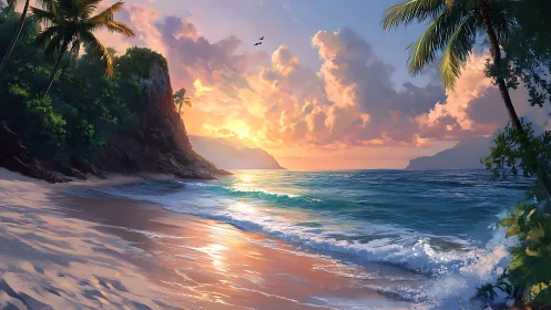 Tropical Beach Sunset with Dramatic Clouds