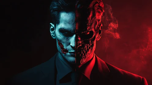 Dual-toned demon gentleman glaring through split shadows.