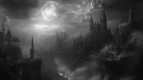 Gothic moonlit citadel above stormbound abyssic chasms.