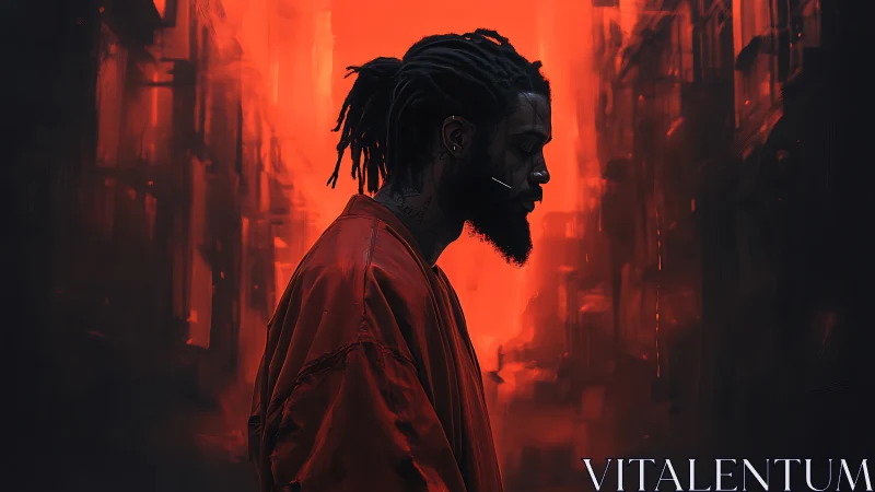 Solitary figure walks through neon-red urban haze at dusk