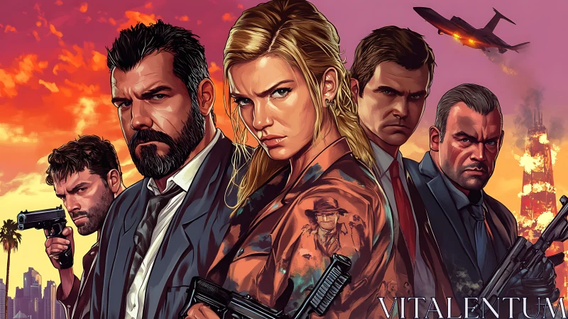 Five armed figures stand before burning cityscape at sunset