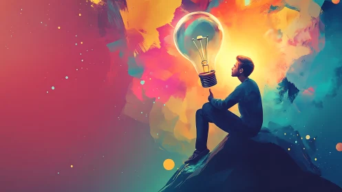 Male figure studies oversized lightbulb amid high-saturation nebula