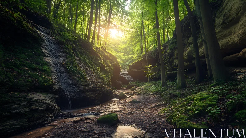 Forest canyon with stream and filtered sunlight through canopy.