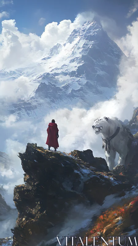 Lone red-cloaked wanderer with white beast in alpine storm.