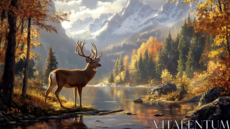 Gentle stag pausing by a golden autumn mountain river.