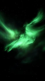 Celestial emerald phoenix swirling in a silent starfield.