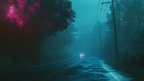 Neon glow cuts through a rainy, fog-drenched forest road.