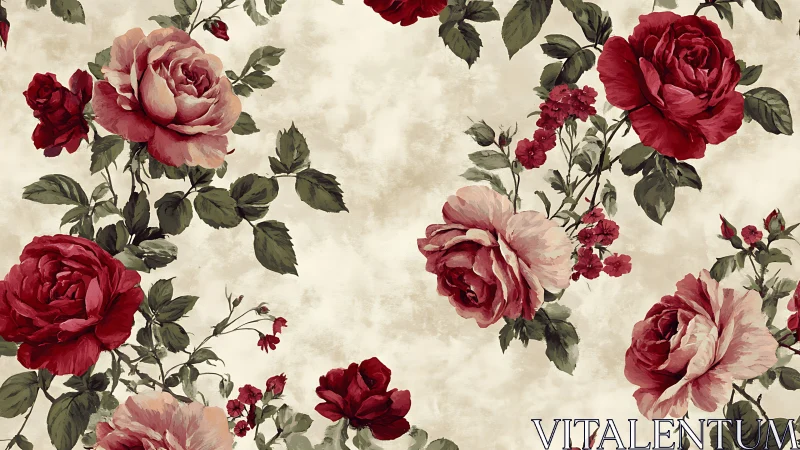 Red and pink rose clusters repeat across textured beige background