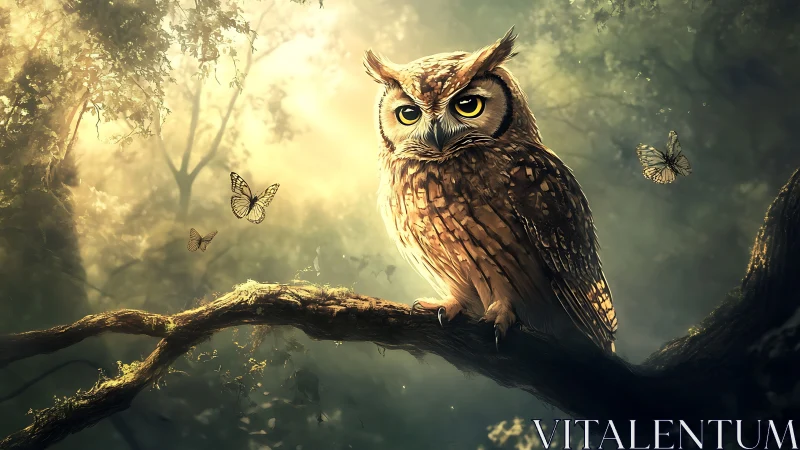 Majestic Owl on Forest Branch in Dreamy Fantasy Art Style.