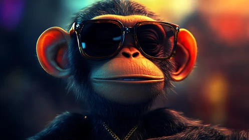 Sunglassed monkey lounges beneath neon city glow tonight