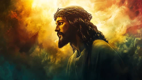 Crowned male profile emerges from radiant, stormlike clouds