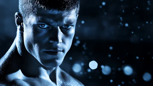Intense blue-lit male portrait conveys raw athletic power.