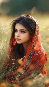 Young woman in embroidered red veil sits in soft meadow light
