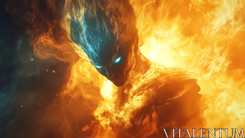 Digital painting of fiery elemental figure with blue core visage.