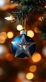 Blue star ornament with warm bokeh Christmas lighting.