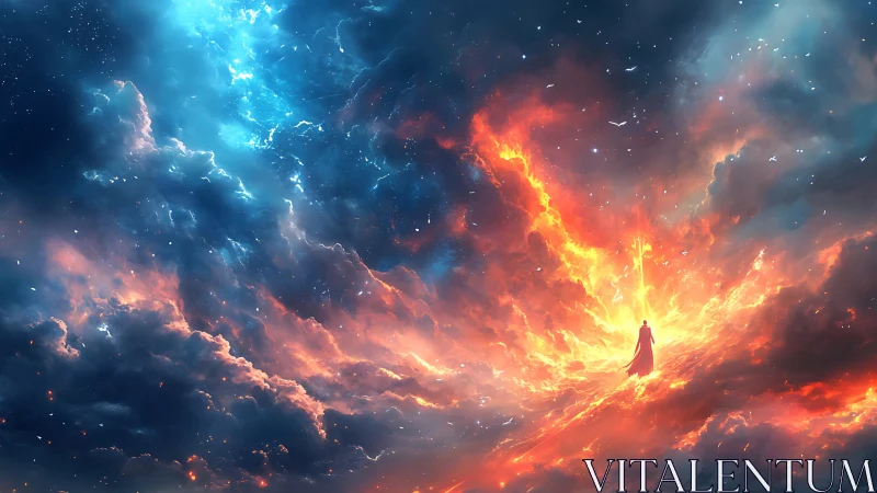 Celestial figure intersects turbulent nebula of fire and ionized clouds