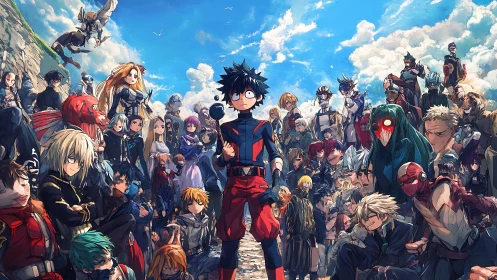 Expansive anime ensemble cast under vivid dynamic sky panorama