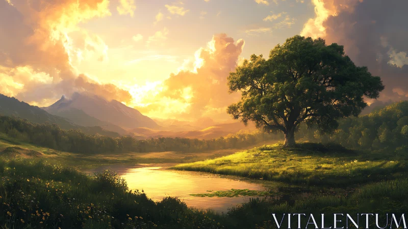 Sunlit riverside oak under dramatic golden sunset sky.