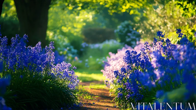 Garden pathway lined with blooming lavender and flowering shrubs.