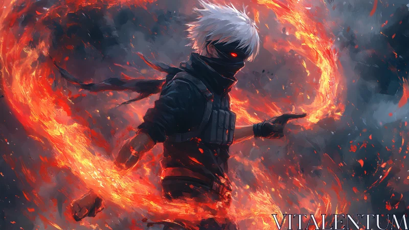 Masked white-haired warrior manipulates swirling elemental fire