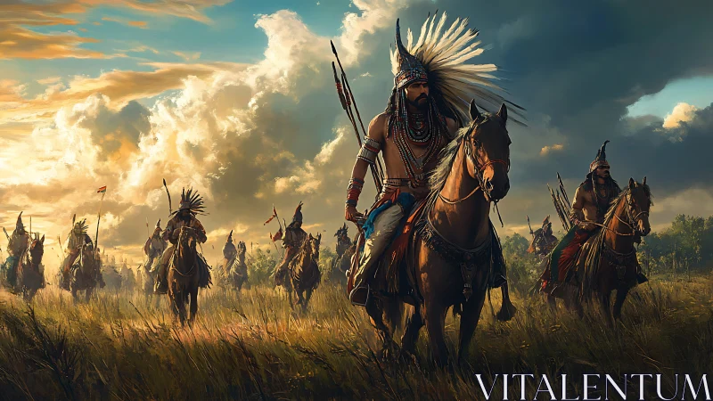 Mounted warriors ride across sunlit plains under storm clouds.