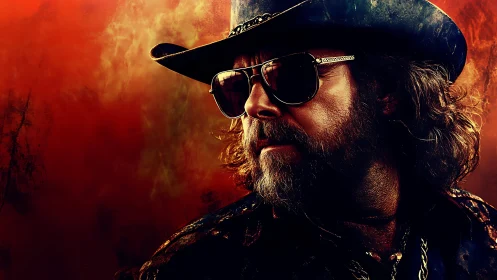 Chromatic cowboy portrait under incendiary gradient light.