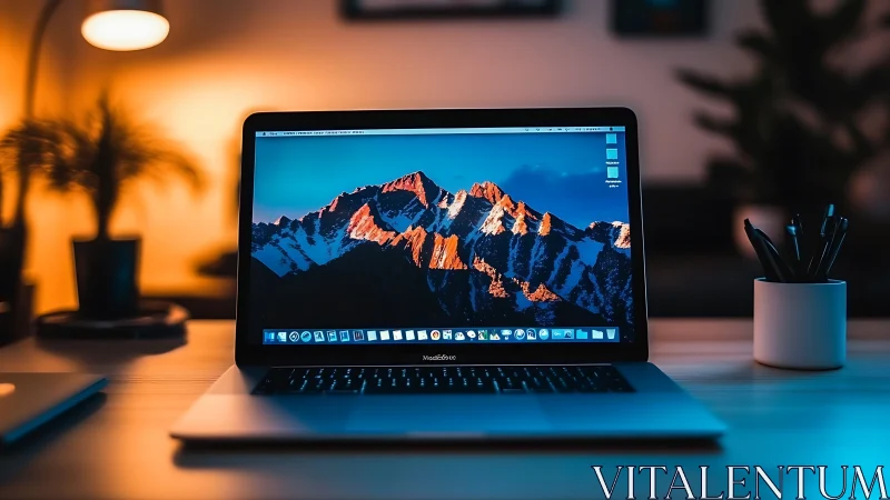 Open laptop on wooden desk in warm modern workspace.