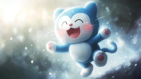 Smiling blue cartoon cat jumping in glowing soft light.
