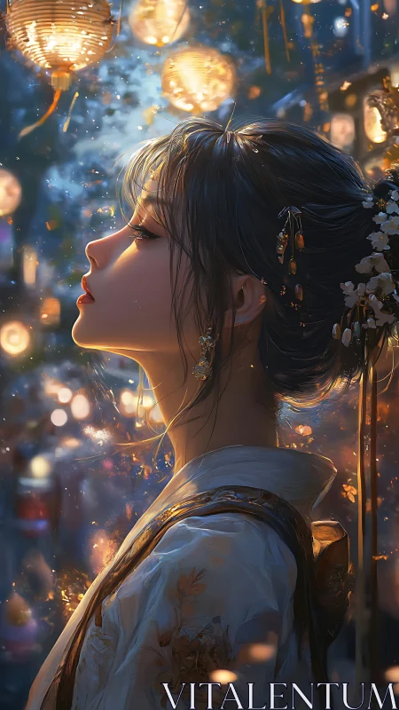 Lantern-lit evening reverie with a quietly dreaming muse.