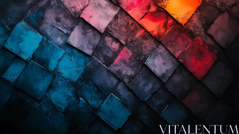 Abstract geometric textured tiles with vibrant blue and red hues.