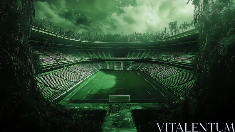 Silent jungle stadium where nature reclaims the matchday crowd.