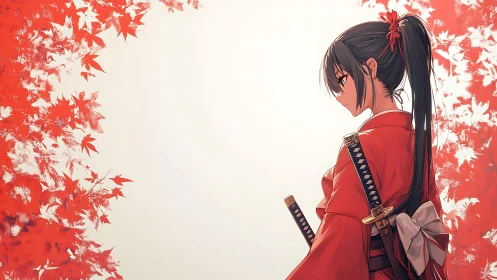 Quiet samurai girl in red kimono among autumn leaves.