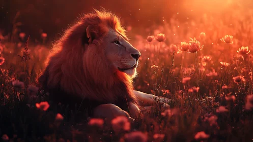 Digital painting of lion in sunset poppy meadow tableau.
