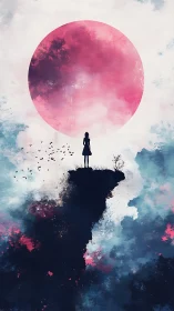 Silhouette on cliff beneath large pink celestial sphere.
