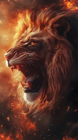 Roaring lion head rendered in high-detail digital fire-lit profile