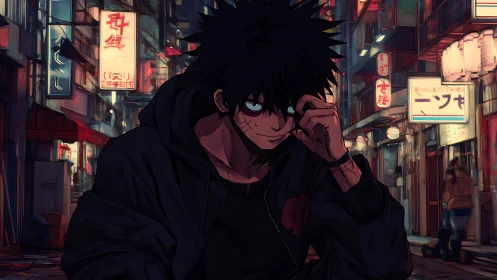 Brooding anime antihero stalks neon alley at night