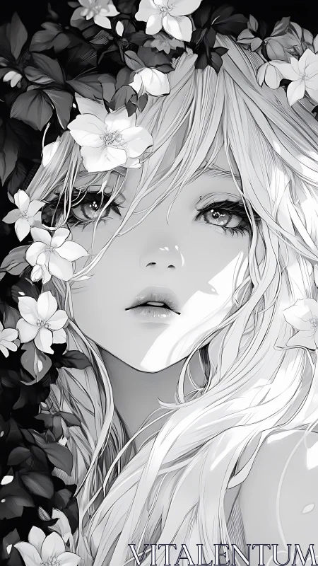 Monochrome anime portrait integrates floral framing and contrast