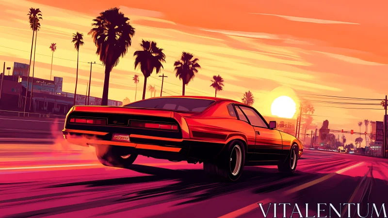 Muscle car races into neon sunset along palm lined street.