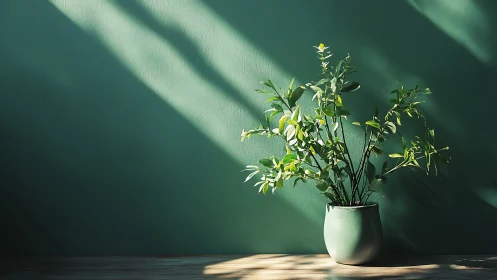 Sunlit green potted plant against textured teal wall backdrop.