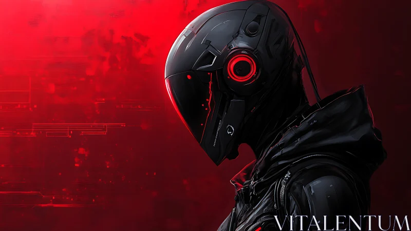 Neon-helmed cyber sentinel broods in molten red silence.