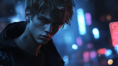 Brooding night wanderer in neon city glow, quietly watching.