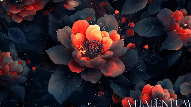 Rendered peonies with volumetric lighting effects and dark background.