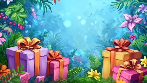 Festive Gifts Among Tropical Blooms and Glowing Bokeh