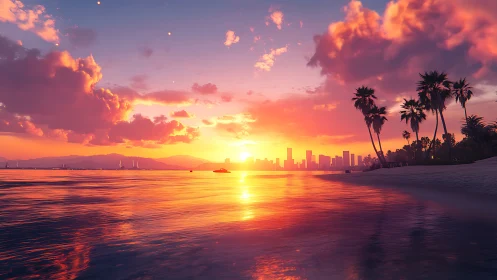Sunlit city skyline gently glows beyond a tranquil palm beach